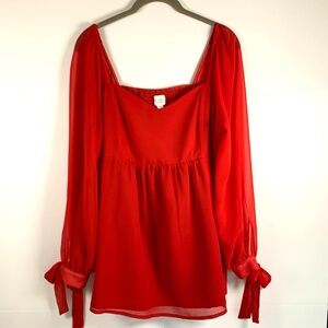 Holiday Party Red sheer chiffon sleeves smocked babydoll bow peasant blouse